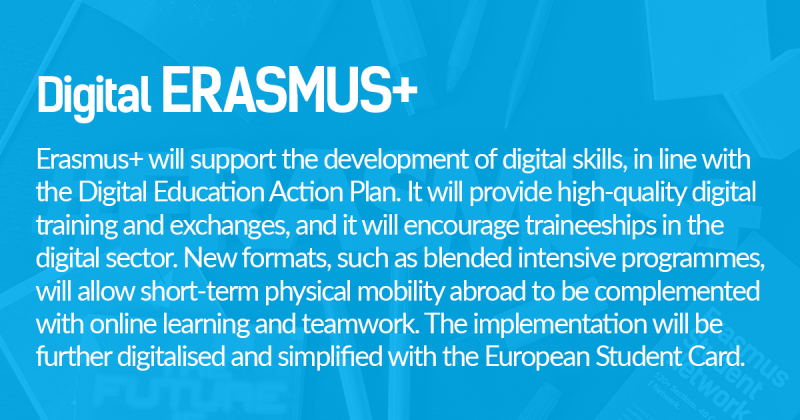 Erasmus+ will support the development of digital skills, in line with  the Digital Education Action Plan. It will provide high-quality digital  training and exchanges, and it will encourage traineeships in the  digital sector. New formats, such as blended intensive programmes,  will allow short-term physical mobility abroad to be complemented  with online learning and teamwork. The implementation will be  further digitalised and simplified with the European Student Card.