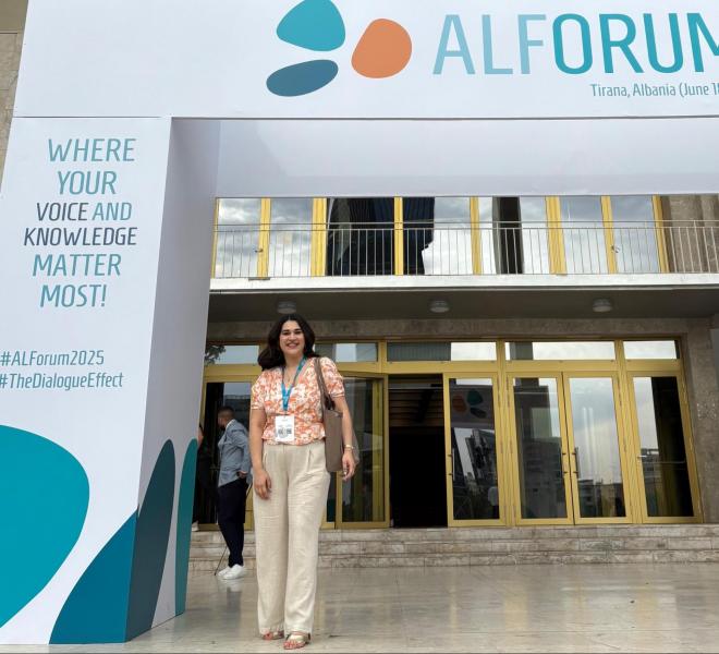The photo of ESN’s representative in AlForum 2025 (Emna Memmi, Liaison Officer for ESN in Africa and the Middle East)