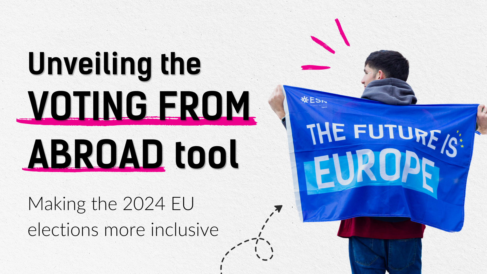 Text on visual saying: "Unveiling ''voting from abroad'' tool. Making the 2024 EU elections more inclusive." A young man holding an ESN flag on his back saying ''The future is Europe''.