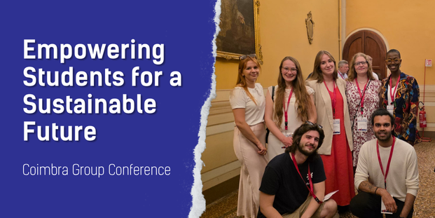 The visual shows at the left a text saying "Empowering Students for a Sustainable Future, coimbra group". At the right there is a picture of seven ESNer volunteers that went there