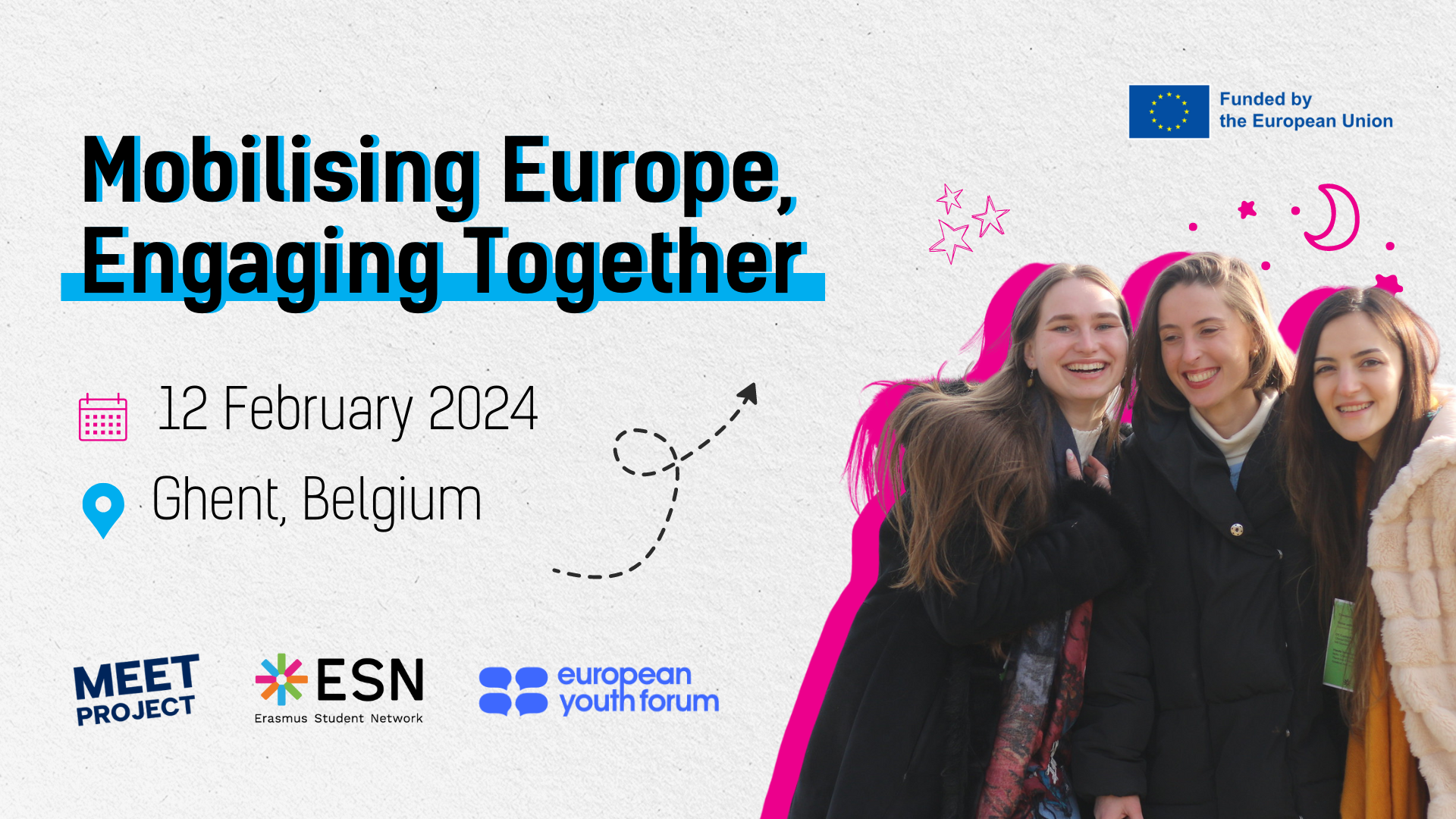 A cut out of three people hugging on a plain background and text: "Mobilising Europe, Engaging Together; 12 February 2024; Ghent, Belgium".