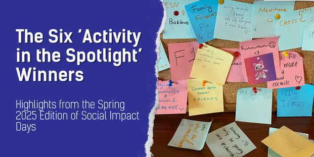 On the left side, the title mentions "The Six Activity in the Sportlight Winners", followed by the subtitle "Highlights from the Spring 2025 Edition of Social Impact Days". The right side has a photo with colorful post-its from one of the activities presenting the outcome of the participants’ reflection on what keeps them well in life.
