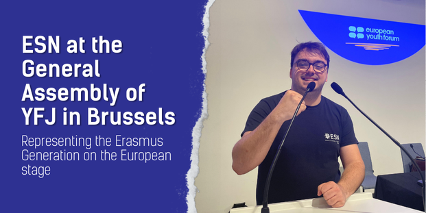 Nathan Lusseau a representative from ESN on the General Assembly of the European Youth Forum in Brussels. The event title and subtitle are displayed on the left: 'ESN at the General Assembly of YFJ in Brussels – Representing the Erasmus Generation on the European stage'.