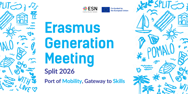 A visual stating the Erasmus Generation Meeting, Split 2026, Port of Mobility, Gateway to Skills