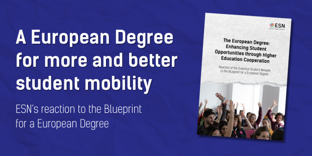 A dark blue background with an image of a publication's cover and text: "A European Degree for more and better student mobility. ESN’s reaction to the Blueprint for a European Degree".