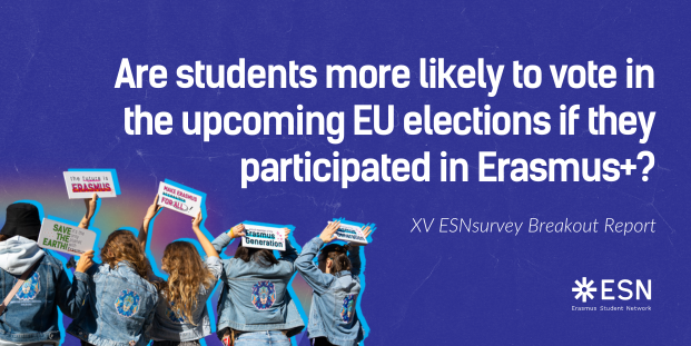 A dark blue background, five people holding signs above their heads, and text: "Are students more likely to vote in the upcoming EU elections if they participated in Erasmus+? XV ESNsurvey Breakout Report".