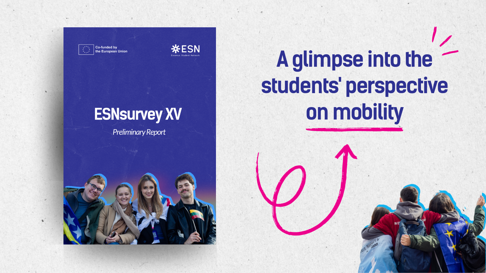 The cover of ESNsurvey XV Preliminary Report and text: "A glimpse into the students' perspective on mobility."