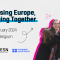 A cut out of three people hugging on a plain background and text: "Mobilising Europe, Engaging Together; 12 February 2024; Ghent, Belgium".