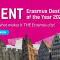 A pink visual with cutouts of buildings in Ghent. The text says: "Ghent. Erasmus Destination of the Year 2023. Find out what makes it THE Erasmus city! Register now."