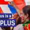 A photo of a person with the Switzerland flag drawing on their face while being surrounded with other big flags. The text says: "Erasmus is a BIG PLUS."
