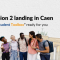 A group of five students placed in the center, with a background of European monuments. On the left side, there is the title "ESC-tension 2 landing in Caen" and a subtitle "Getting the “Student Toolbox” ready for you".