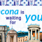Places and monuments in Ancona cut out in a collage style surrounded with cyan and dark blue pattern and elements. The text says: "Ancona is waiting for you!"