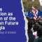 A picture of a mass of people with Georgian and EU flags in the street. The text says: "Erasmus Generation as Guardian of the European Future in Georgia. More than 160 days of protests in Georgia".