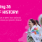 A visual titled "Celebrating 36 years of history", followed by a text announcing that the ESN history book is out. The visual continues with a photo of ESN volunteers holding ESN flags.