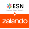 On the upper side of the visual, there is the ESN logo, which encompasses the colourful star next the "ESN". The  lower side of the visual contains the "Zalando" logo, which has an organge rectangle and the letters "Zalando", in the middle of the rectangle.