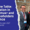 Dark blue background with the title "ESN at the Table: Participation in the Erasmus+ and ESC Stakeholders Conference" and the subtitle "Preparation of the post-2027 programming period" on the left side of the image, followed by a photo with three participants at the conference, among whom Rita Dias, President of ESN International.