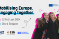 A cut out of three people hugging on a plain background and text: "Mobilising Europe, Engaging Together; 12 February 2024; Ghent, Belgium".