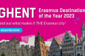 A pink visual with cutouts of buildings in Ghent. The text says: "Ghent. Erasmus Destination of the Year 2023. Find out what makes it THE Erasmus city! Register now."