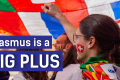 A photo of a person with the Switzerland flag drawing on their face while being surrounded with other big flags. The text says: "Erasmus is a BIG PLUS."