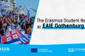 The visual contains a group of ESN volunteers cheering and holding various countries' flags on the left side. On the right side, there is a blank background with the article's title, "The Erasmus Student Network at EAIE Gothenburg 2025".