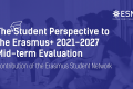 A dark blue background and text: "The Student Perspective to the Erasmus+ 2021-2027 Mid-term Evaluation. Contribution of the Erasmus Student Network"