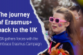 A dark blue ripped paper and a photo of a person with the UK flag on their cheek. "The journey of Erasmus+ back to the UK. ESN gathers forces with the Embrace Erasmus Campaign".