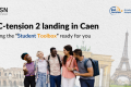 A group of five students placed in the center, with a background of European monuments. On the left side, there is the title "ESC-tension 2 landing in Caen" and a subtitle "Getting the “Student Toolbox” ready for you".