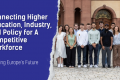 The visual has on the left side the title of the article: Shaping Europe’s Future: Connecting Higher Education, Industry, and Policy for A Competitive Workforce - ENGAGE.EU High Level Dialogue. On the right there is a group picture of people standing up and smiling 