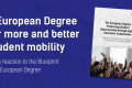 A dark blue background with an image of a publication's cover and text: "A European Degree for more and better student mobility. ESN’s reaction to the Blueprint for a European Degree".