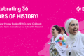 A visual titled "Celebrating 36 years of history", followed by a text announcing that the ESN history book is out. The visual continues with a photo of ESN volunteers holding ESN flags.
