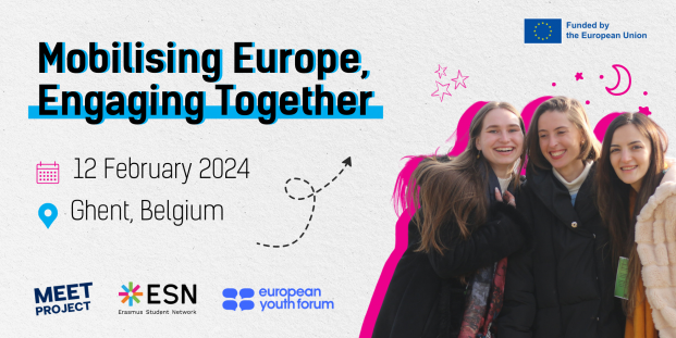 A cut out of three people hugging on a plain background and text: "Mobilising Europe, Engaging Together; 12 February 2024; Ghent, Belgium".