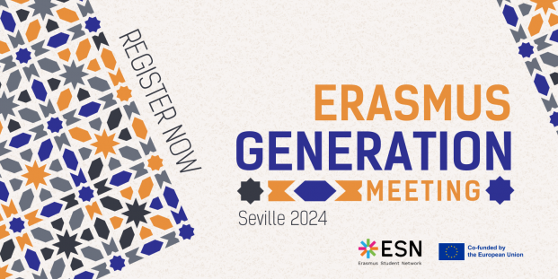 Sevillian style tiles in black, grey, dark blue, and orange. The text says: "Erasmus Generation Meeting Seville 2024. REGISTER NOW."