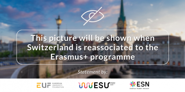 A blurred picture of a city in Switzerland and text: "This picture will be shown when Switzerland is reassociated to the Erasmus+ programme".