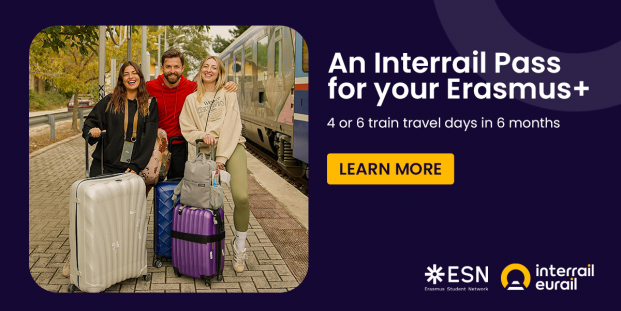 A picture of three people with suitcases on a dark blue background and text: "An Interrail Pass for your Erasmus+; 4 or 6 train travel days in 6 months".