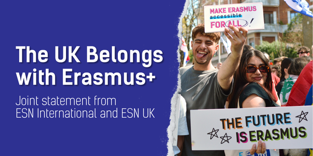 A picture of two young people holding signs "Make Erasmus accessible for all" and "The Future Is Erasmus". The text on the visual says: "The UK Belongs with Erasmus+. Joint statement from ESN International and ESN UK".