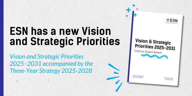 A picture of a document cover and text: "ESN has a new Vision and Strategic Priorities.  Vision and Strategic Priorities 2025–2031 accompanied by the Three-Year Strategy 2025-2028".