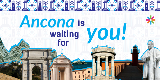 Places and monuments in Ancona cut out in a collage style surrounded with cyan and dark blue pattern and elements. The text says: "Ancona is waiting for you!"