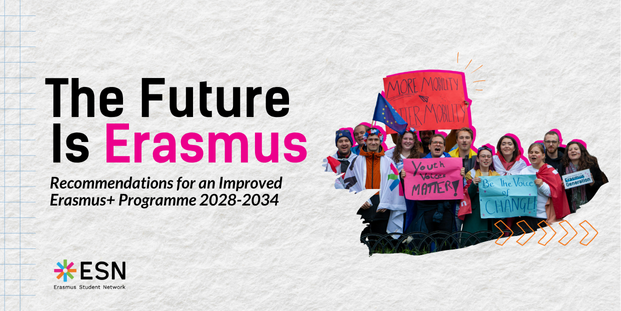 A picture of a group of young people with flags and signs with text: "The Future Is Erasmus; Recommendations for an Improved Erasmus+ Programme 2028-2034".