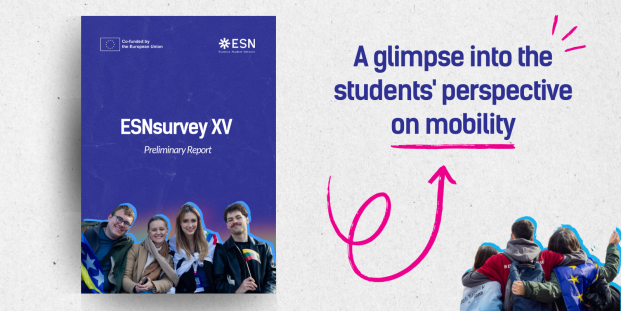 The cover of ESNsurvey XV Preliminary Report and text: "A glimpse into the students' perspective on mobility."
