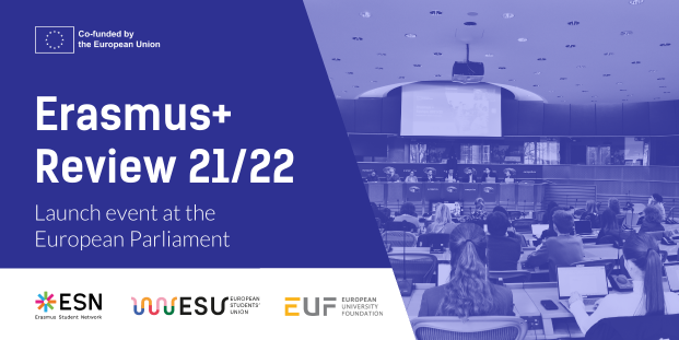 A dark blue visual and a photo from a presentation with blue overlay. The text says: "Erasmus+ Review 21/22. Launch event at the European Parliament".