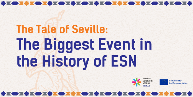 Sevillian style tiles in black, grey, dark blue, and orange. The text says: "The Tale of Seville: The Biggest Event in the History of ESN".