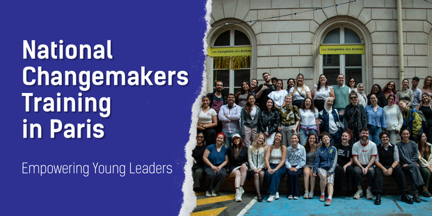 The spotlight image contains the title "National Changemakers Training in Paris", followed by a subtitle " Empowering Young Leaders" on the left side, and a photo of the entire group of participants at this training on the right side.